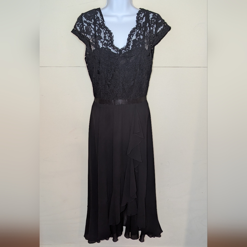 Miusol Elegant Black Dress Mid Length Lace Top and Chiffon A Line Skirt